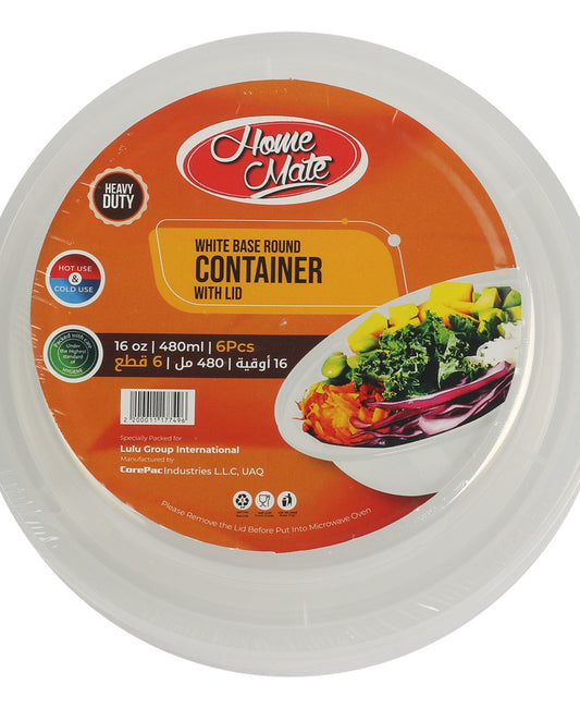 Home Mate Microwave White Round Container With Lid Size 480 ml 6 pcs