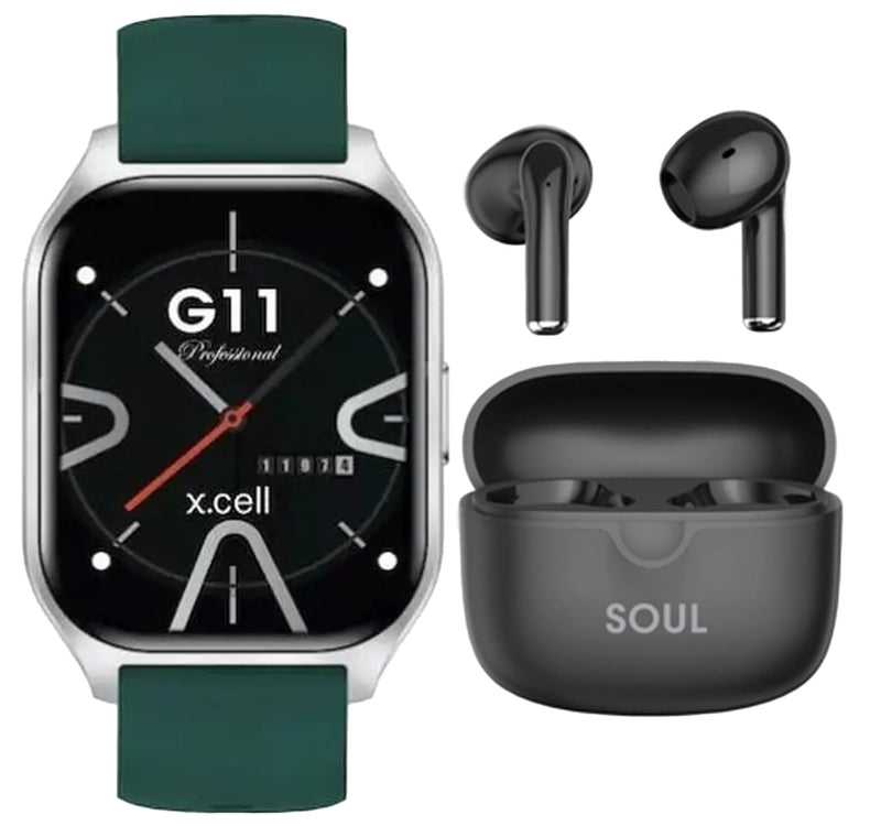 X.Cell G11 Pro Smartwatch, 2.01 inches HD Display, Green + Soul 17 Pro True Wireless Earbuds, Assorted Lulu Hypermarket