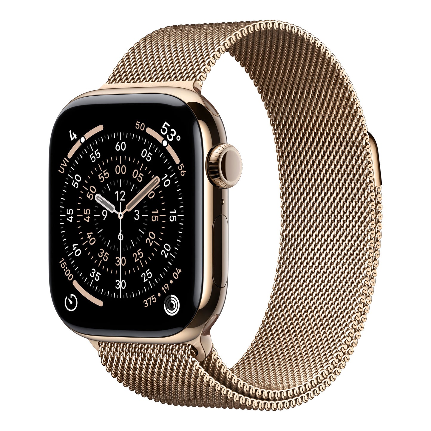 ساعة Apple Watch Series 11 الذكية بنظام تحديد المواقع العالمي (GPS) وشبكة خلوية، هيكل من التيتانيوم الذهبي مقاس 42 مم مع حلقة ميلانو ذهبية، MF8Y4AF/A
