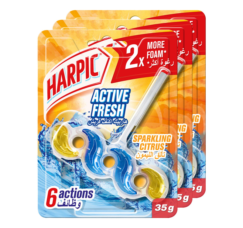 Harpic Active Fresh Toilet Cleaner Rim Block Sparkling Citrus Scent Value Pack 3 x 35 g