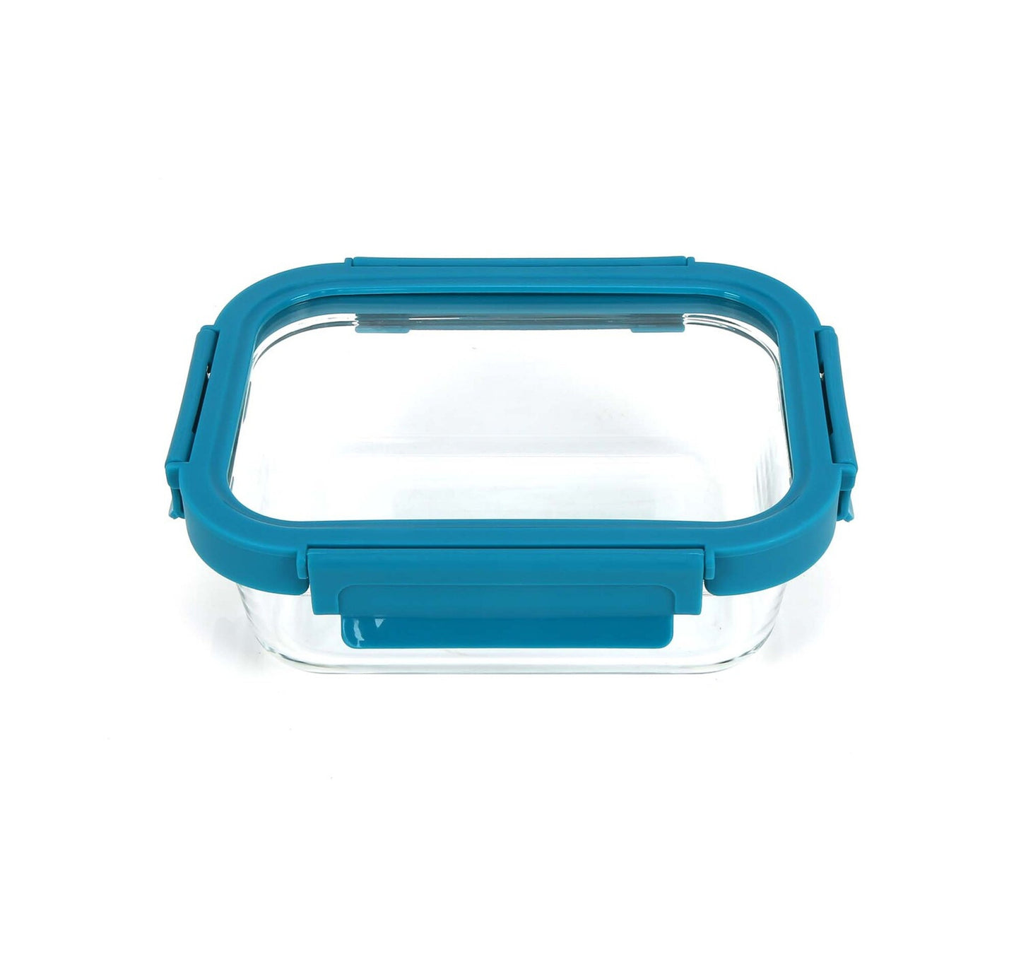 Chefline Rectangle Food Storage Glass Container With Lid, Teal Blue, 640 ml