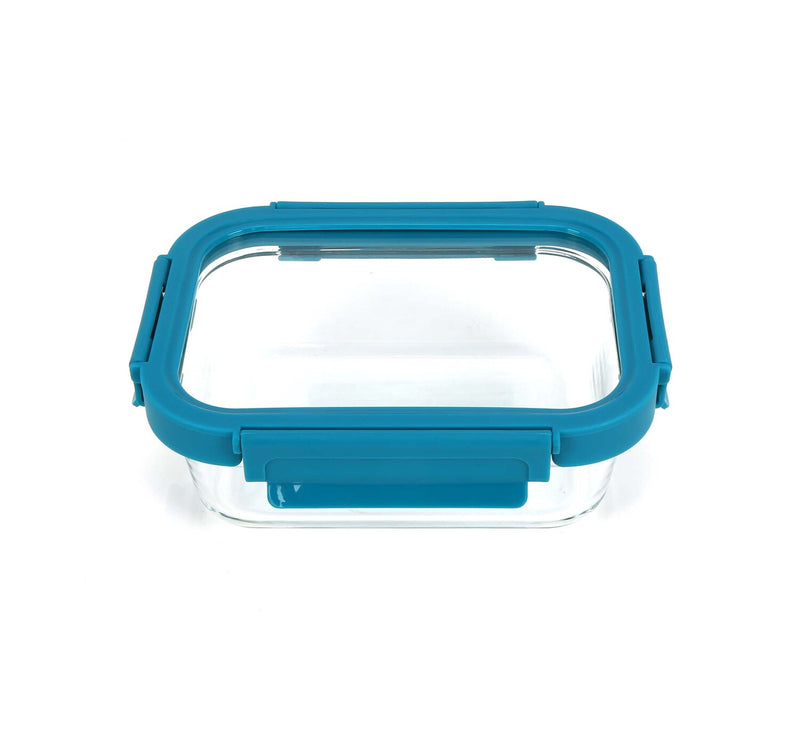 Chefline Rectangle Food Storage Glass Container With Lid, Teal Blue, 640 ml