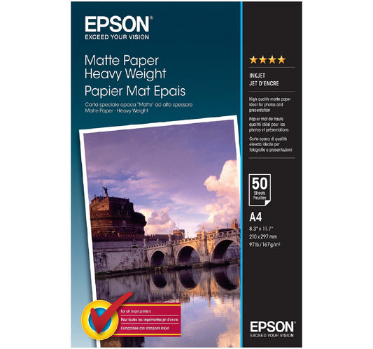 Epson Matte Paper Heavy Weight Photo Paper, A4, 50 Sheets, C13S041256