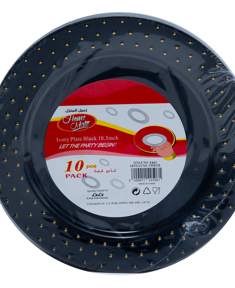 Home Mate Ivory Black Big Plastic Plate 10.3inch ER03 10pcs