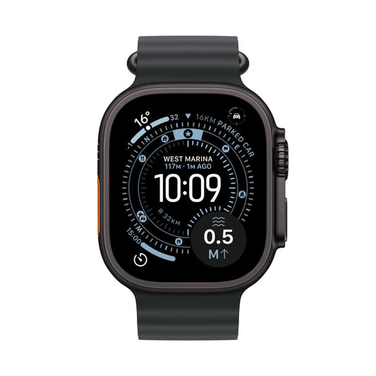 ساعة Apple Watch Ultra 3 الذكية بنظام تحديد المواقع العالمي (GPS) وشبكة خلوية، هيكل من التيتانيوم الأسود مقاس 49 مم مع سوار Ocean أسود، MF0J4AF/A
