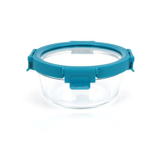 Chefline Round Food Storage Glass Container With Lid, Teal Blue, 650 ml