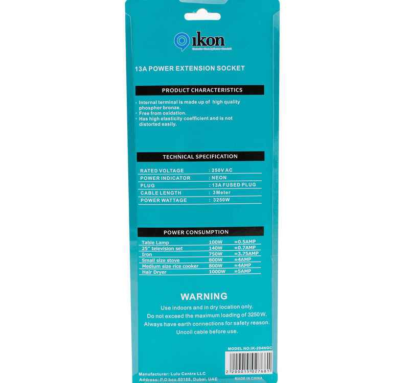 Ikon 4 Way Extension Socket, 3250W, 3m Cable Length, IK-204NGC