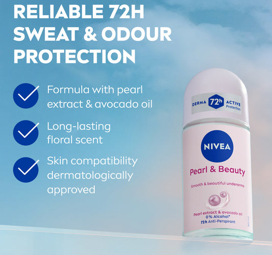 Nivea Pearl & Beauty Antiperspirant Deodorant for Women 72H Active Protection with Pearl Extract and Avocado Oil Roll-on 50 ml