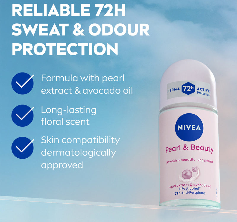 Nivea Pearl & Beauty Antiperspirant Deodorant for Women 72H Active Protection with Pearl Extract and Avocado Oil Roll-on 50 ml