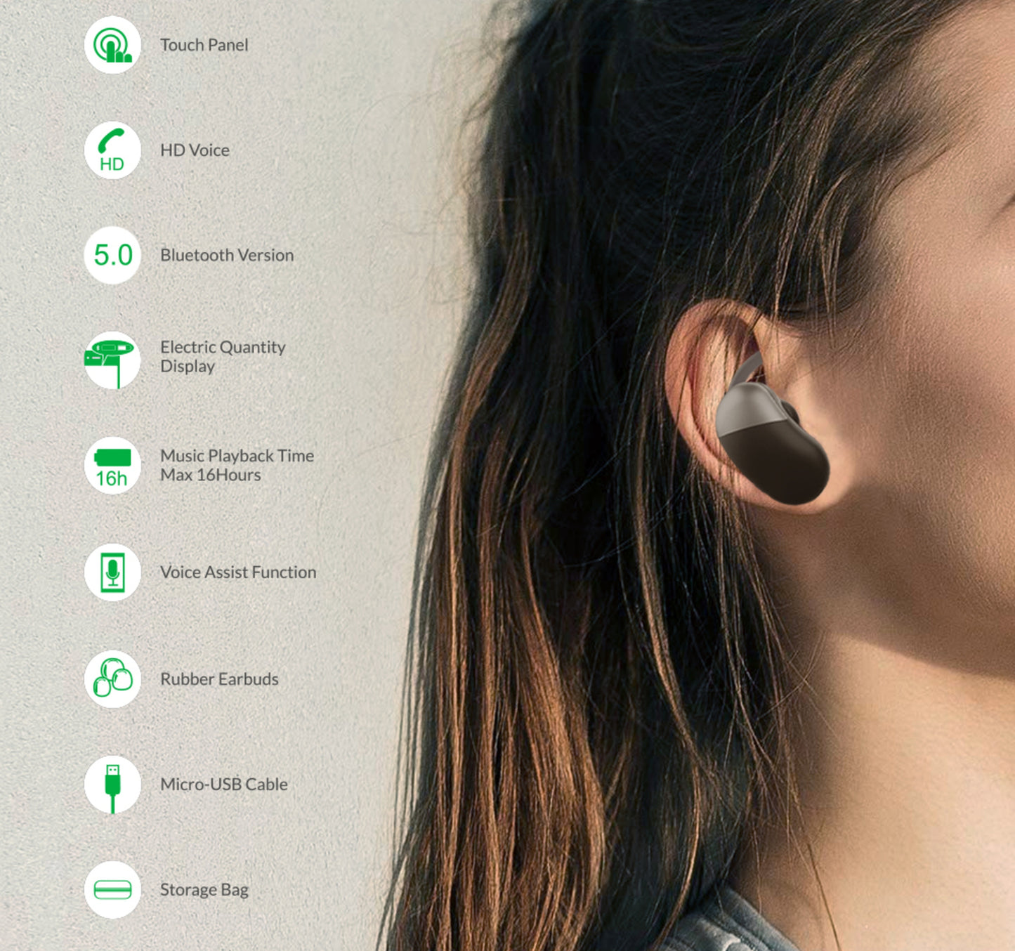 Iends Sports Wireless HD Stereo In-Ear Headset Touch Control Bluetooth 5.0 Earbuds with Storage Bag and Micro USB Cable B001
