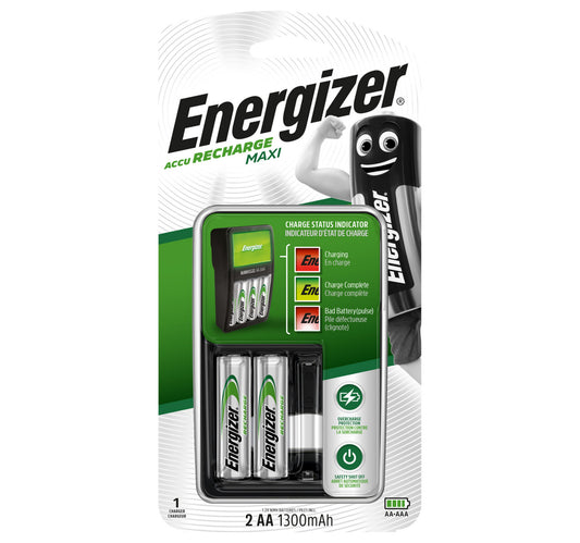 Energizer Recharge Maxi Charger UK & 2 AA Batteries, Combo Pack