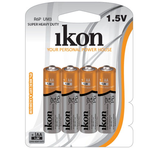 Ikon AA SuperHeavy Duty Battery, 1.5V, R6PBP4B, Pack of 4Pc