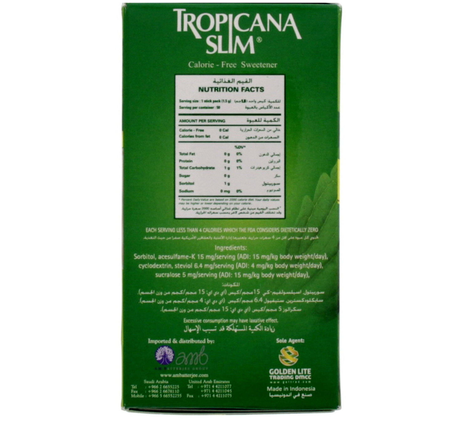 Tropicana Slim Calorie Free Sweetener With Stevia Stick Pack 50pcs