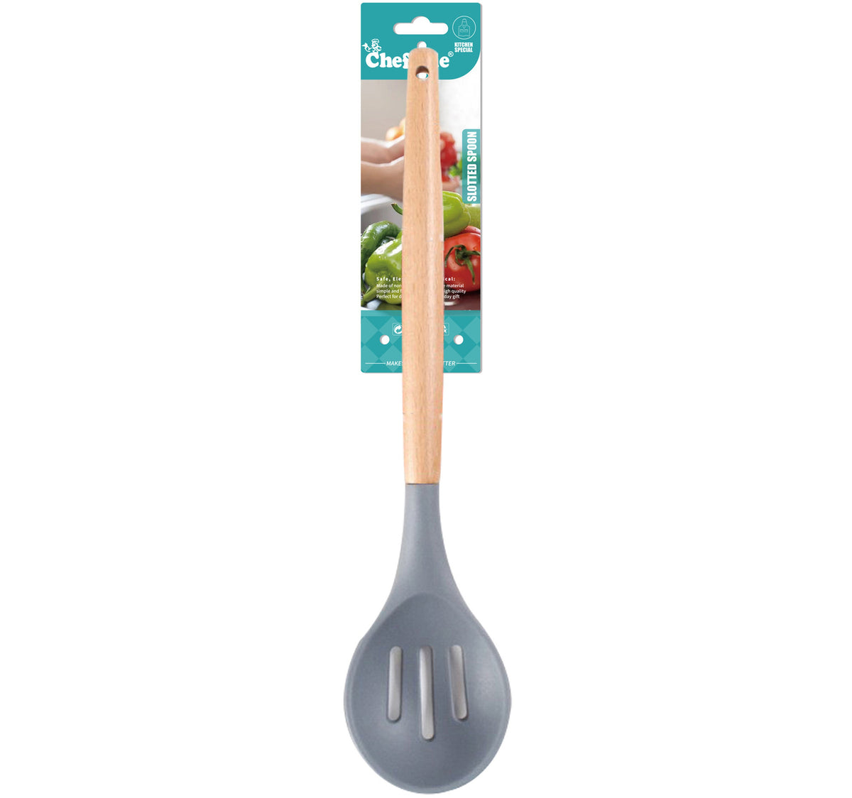 Chefline Silicone Slotted Spoon with Wooden Handle, RS504