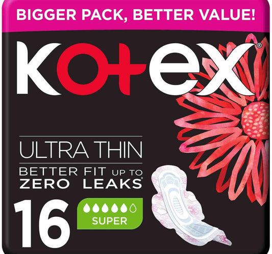 Kotex Natural Ultra Thin 100% Cotton Super Size Sanitary Pads with Wings 16 pcs