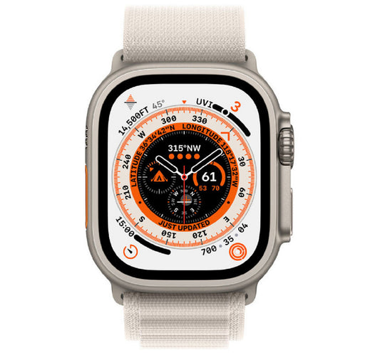 ساعة Apple Watch Ultra الذكية بنظام تحديد المواقع العالمي (GPS) + الخلوية، هيكل من التيتانيوم مقاس 49 مم مع حلقة Starlight Alpine، مقاس حزام صغير، MQFQ3