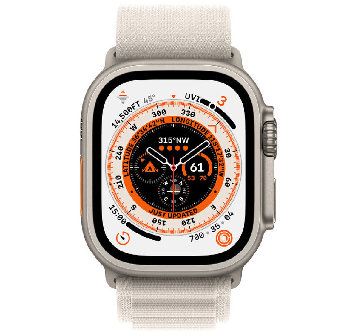 Apple Watch Ultra GPS + Cellular Smartwatch, 49 mm Titanium Case with Starlight Alpine Loop, Small Band Size, MQFQ3