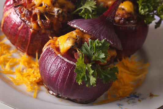 Baked Red Onion Stuffed with Meat and Cheese Kitchen by Abeer