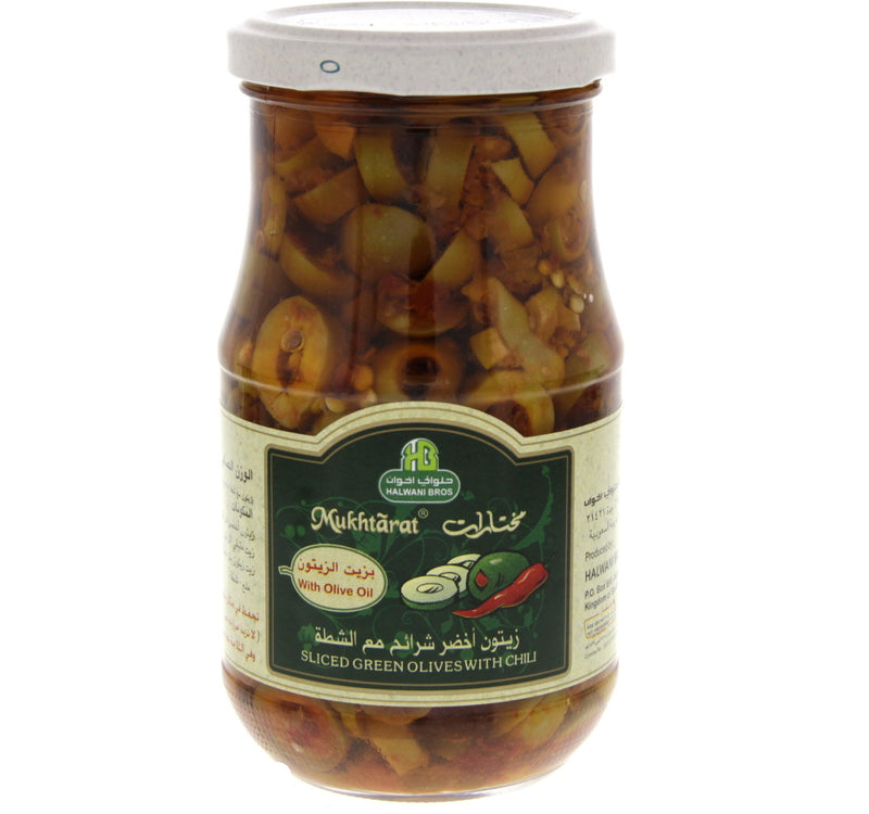 Halwani Bros Mukhtarat Sliced Green Olives With Chilli 325 g