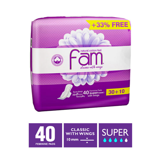Fam Natural Cotton Feel Classic Feminine Pads with Wings 30 + 10 pcs