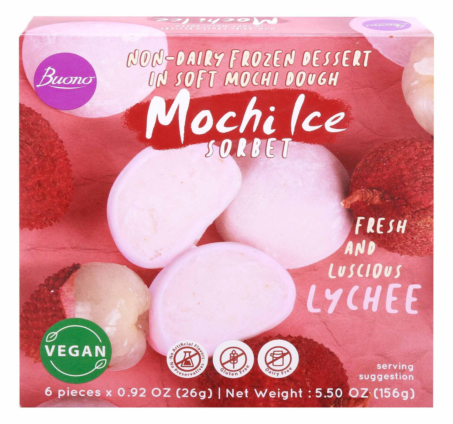 Buono Mochi Ice Lychee Sorbet Non-Dairy Frozen Dessert 156 g Lulu Hypermarket