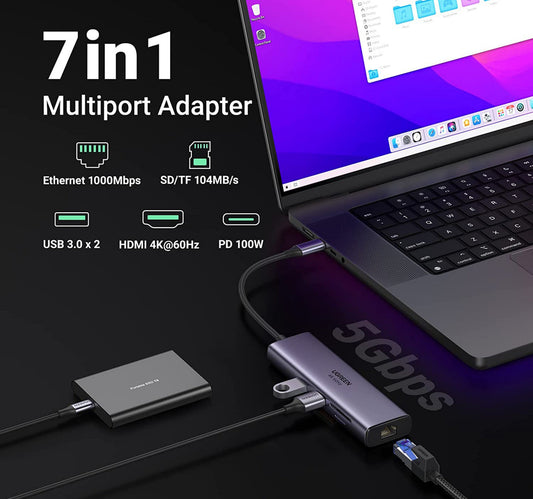 Ugreen 7-in-1 USB C Hub 4K@60Hz Type C to HDMI Dongle with Gigabit Ethernet, USB 3.0 Ports, 100W PD, SD/TF Card Reader, USB-C Dock for Steam Deck, MacBook Pro/Air M1 2022/2021, iPad Pro 2022/2021 (CM512)