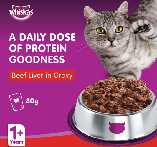 Whiskas Beef Liver in Gravy Wet Cat Food Pouch for 1+ Years Adult Cats 80 g