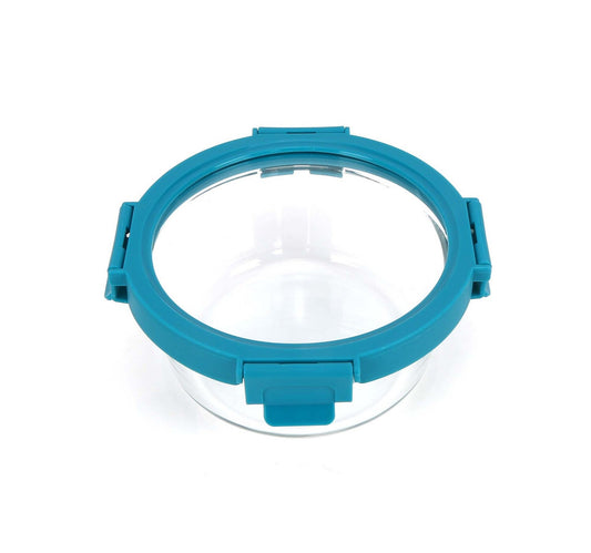 Chefline Round Food Storage Glass Container With Lid, Teal Blue, 650 ml