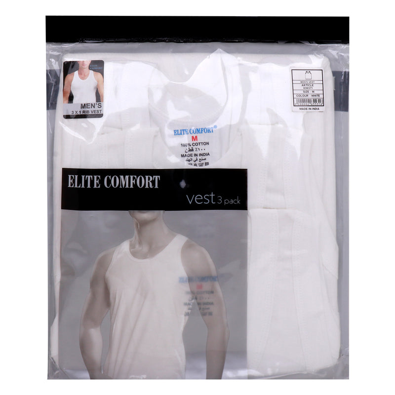 Elite Comfort Cotton Men's Rib Vest, M, 3 pcs, White, ELXRVW