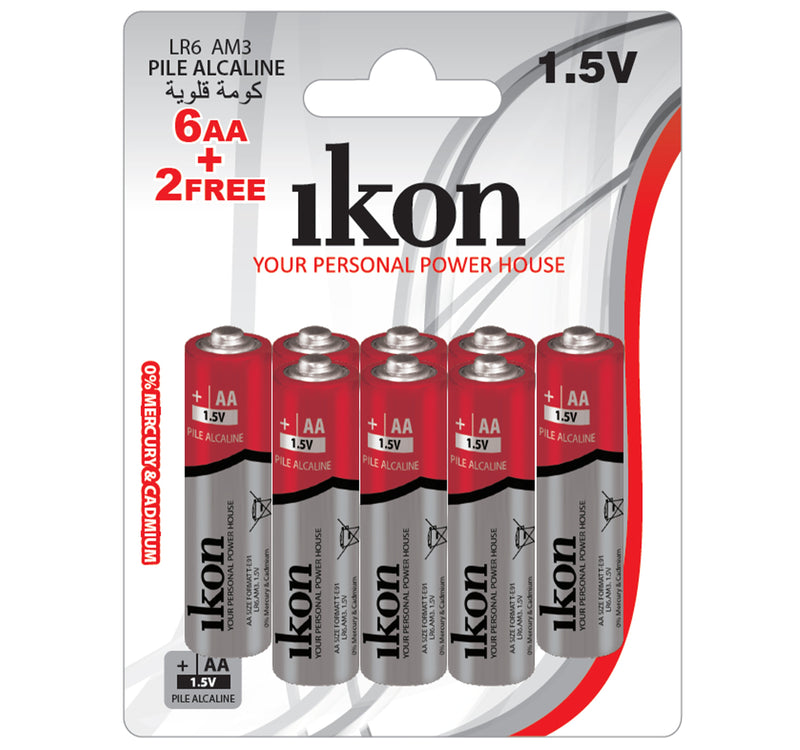 Ikon Alkaline AA Battery, 1.5V, 8 pcs