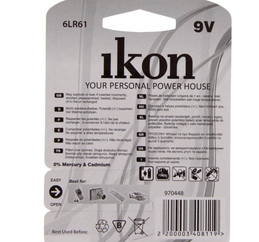 Ikon Alkaline 9V Battery IK6LR61BP1, 1 Pc Pack