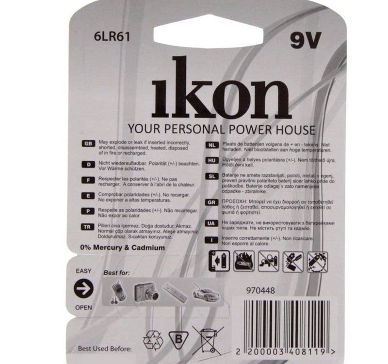 Ikon Alkaline 9V Battery IK6LR61BP1, 1 Pc Pack