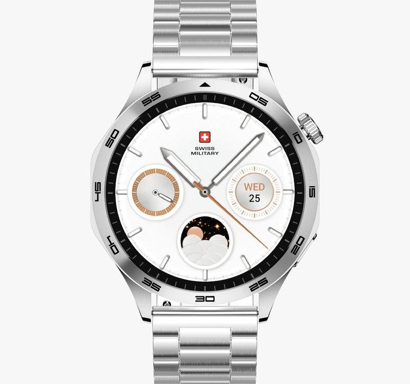 Swiss Military Swiss International Smart Watch, 1.43 AMOLED Display, Silver Frame with Silver Metal Strap