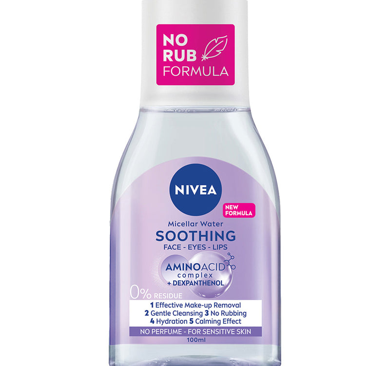 Nivea Face Micellar Water Soothing Face Eyes Lips Makeup Remover with Amino Acid Complex + Dexpanthenol for Sensitive Skin 100 ml
