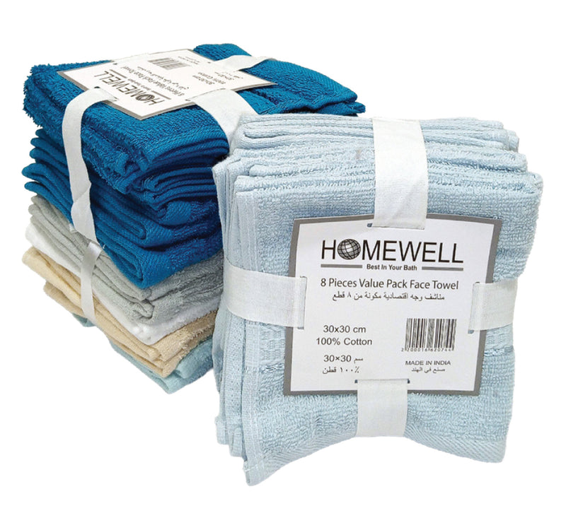 Homewell Cotton Wash Cloth Set, 30 x 30 cm, 8 pcs, Assorted