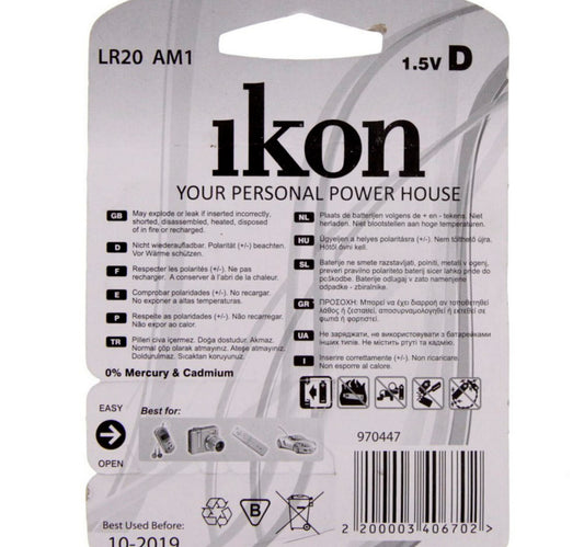 Ikon Alkaline D Battery IKLR20BP2, Pack of 2Pc