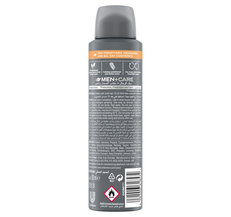 Dove Men+Care Anti-Perspirant Deodorant Spray Sandalwood & Amber Plant-Based Moisturizer Triple Defense Technology 72H Protection 150 ml