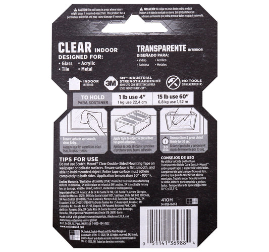 Scotch Double Sided Mounting Tape, Clear, 410P