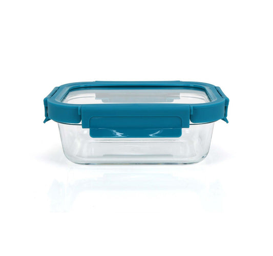 Chefline Rectangle Food Storage Glass Container With Lid, Teal Blue, 640 ml