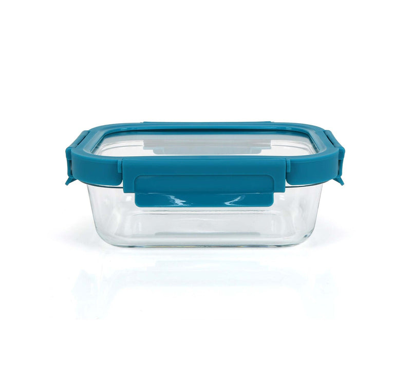 Chefline Rectangle Food Storage Glass Container With Lid, Teal Blue, 640 ml