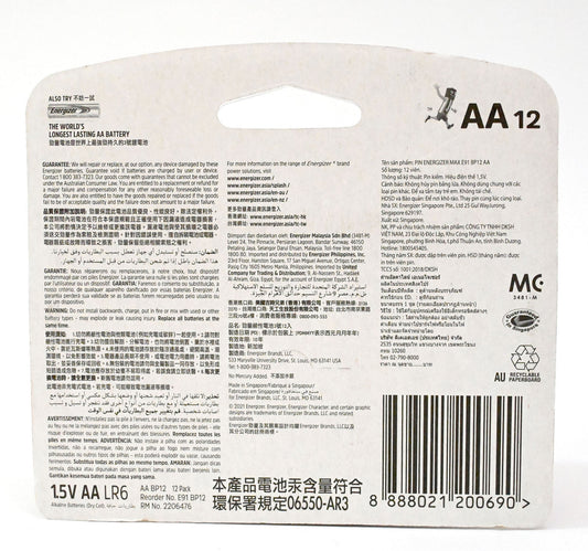 Energizer Max Alkaline AA Battery, 1.5 V, 12 Pcs, EP91BP12