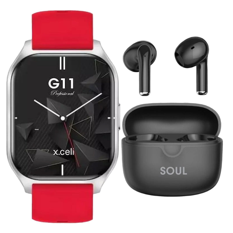X.Cell G11 Pro Smartwatch, 2.01 inches HD Display, Red + Soul 17 Pro True Wireless Earbuds, Assorted Lulu Hypermarket