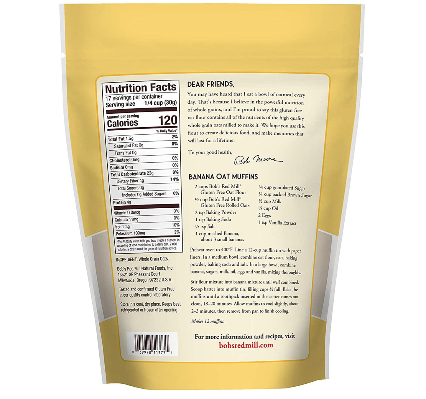 Bob's Red Mill Gluten Free Whole Grain Oat Flour 510 g