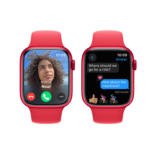 ساعة Apple Watch Series 9 الذكية بنظام تحديد المواقع العالمي (GPS)، 41 مم، هيكل من الألومنيوم باللون الأحمر مع سوار رياضي باللون الأحمر، مقاس صغير/متوسط، MRXG3