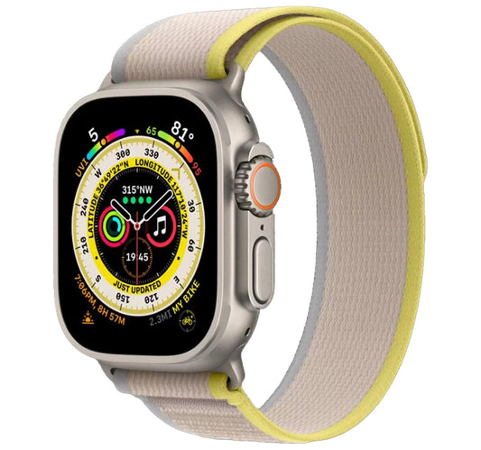 Apple Watch Ultra GPS + Cellular 49 mm Smartwatch, Titanium Case with Yellow/Beige Trail Loop (S/M), MNHK3