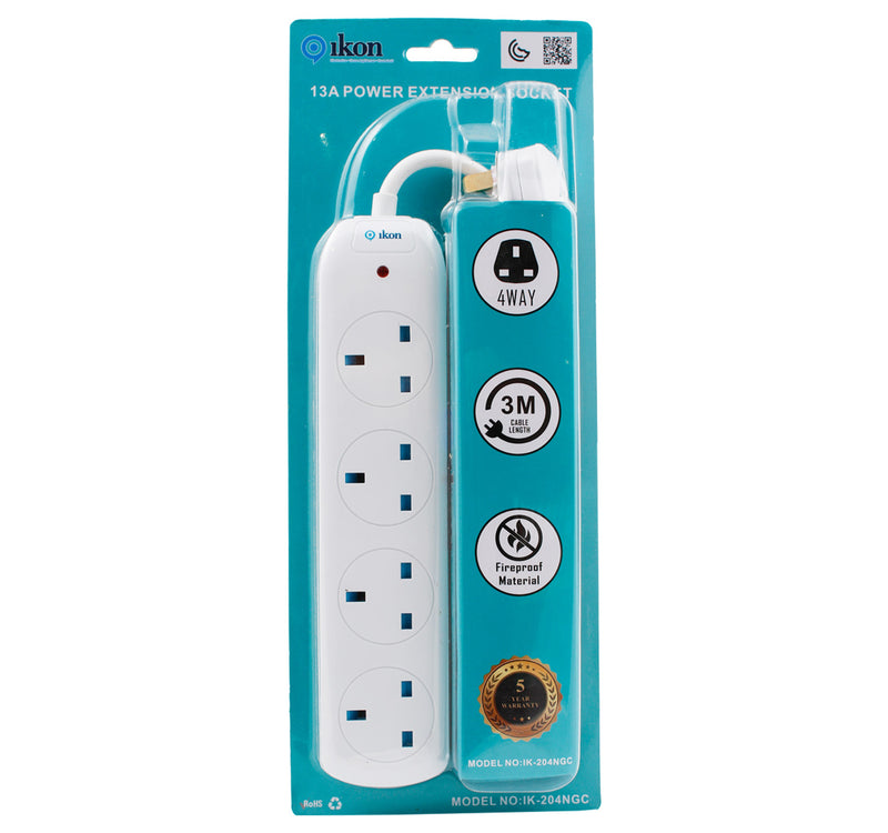 Ikon 4 Way Extension Socket, 3250W, 3m Cable Length, IK-204NGC