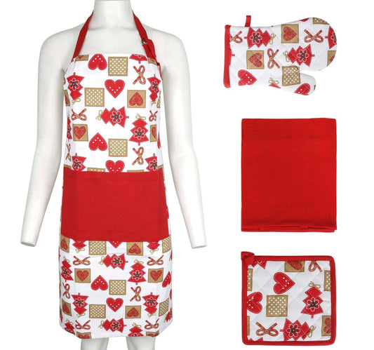 Homewell "Merry Christmas" Kitchen Set- Apron, Glove, Pot Holder, Kitchen Towel Assorted