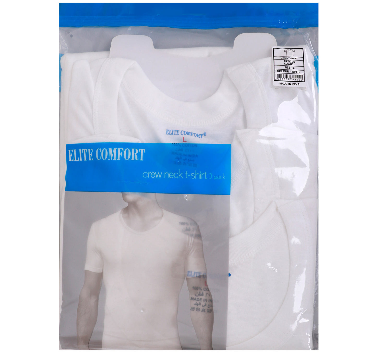 Elite Comfort Cotton Men's Crew Neck T-Shirt, L, 3 pcs, White, ELXTW
