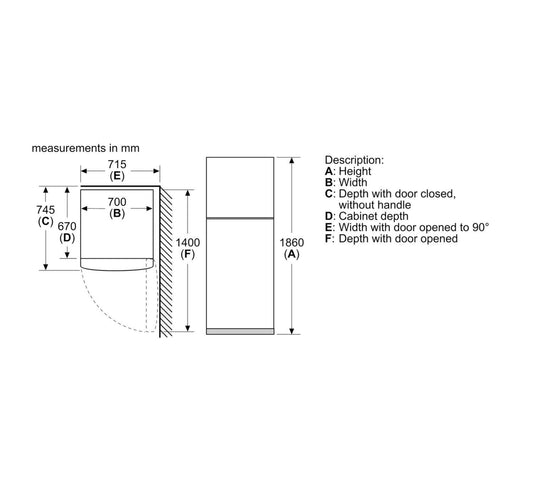 Bosch Series 4 Double Door Refrigerator, 485L, Stainless steel, KDN55NL20M