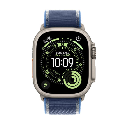 ساعة Apple Watch Ultra 3 الذكية بنظام تحديد المواقع العالمي (GPS) وشبكة خلوية، هيكل من التيتانيوم الطبيعي مقاس 49 مم مع حلقة زرقاء/زرقاء زاهية (متوسط/كبير)، MEWU4AF/A